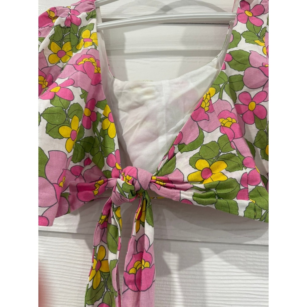 #B- 007- Floral Crop Top and Belted Mini Skirt Set Pink Yellow Retro 2 Piece - Picture 4 of 11
